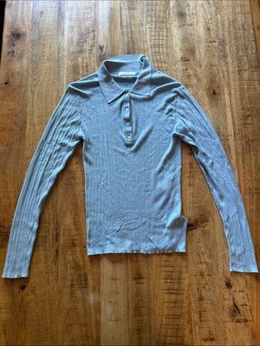 CO Collection 100% silk Ribbed Polo Knit long sleeve blouse Top light baby blue